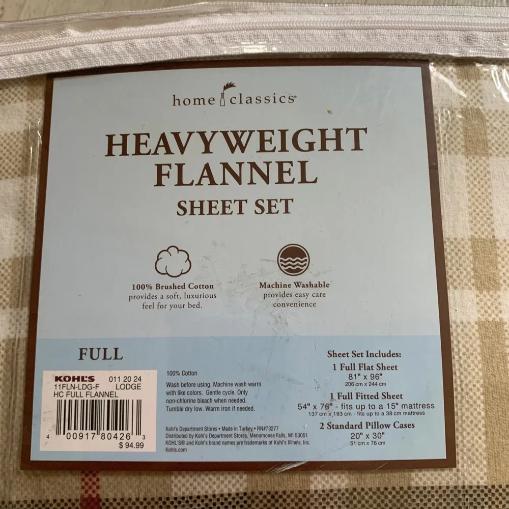 Home Classics Heavyweight Flannel Sheet Set Full Lodge Deer Plaid Tan 100% Cotto